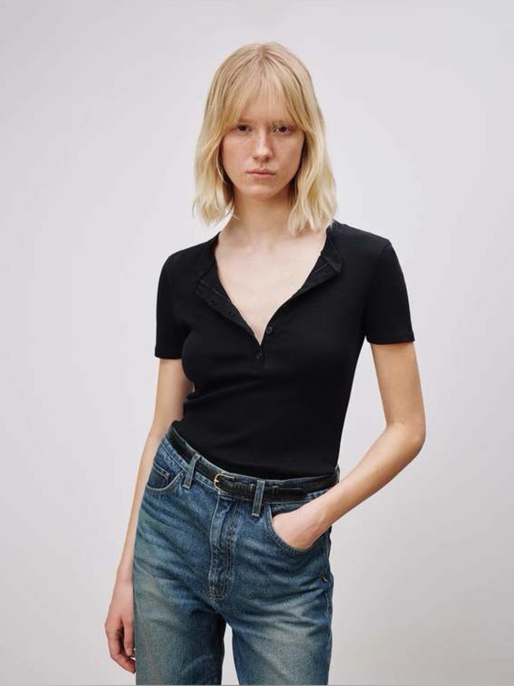 Nili Lotan Lorene Henley Ribbed Tee in Jet Black Size Small